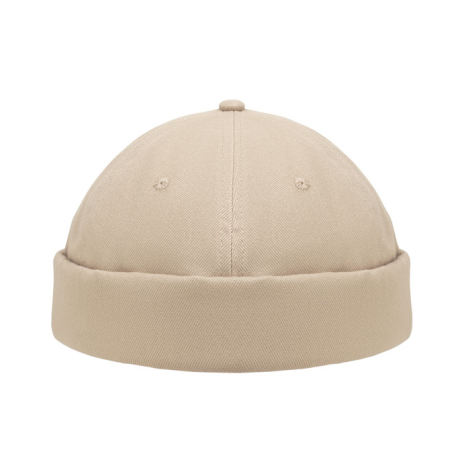 Casquette docker présentée de face sur fond blanc, de couleur beige, avec rebord roulé et coutures apparentes, sans personnalisa