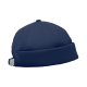 Casquette docker présentée de profil sur fond blanc, de couleur bleu foncé, avec système de réglage arrière visible, sans marqua