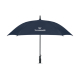 Parapluie carré ouvert de face sur fond blanc avec toile bleu foncé tendue, mât central et poignée visibles, avec personnalisati Parapluie carré ouvert de face sur fond blanc avec toile bleu foncé tendue, mât central et poignée visibles, avec personnalisati