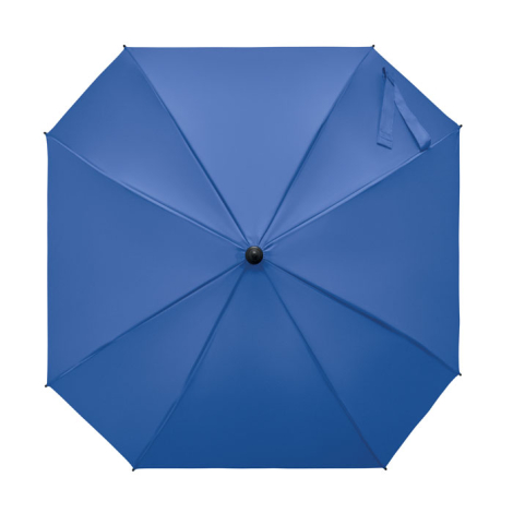Vue de dessus d’un parapluie carré ouvert sur fond blanc avec toile bleue répartie en plusieurs pans et embout central visible, 