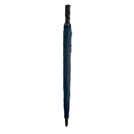 Parapluie fermé présenté verticalement sur fond blanc avec poignée noire et toile repliée, sans marquage visible.