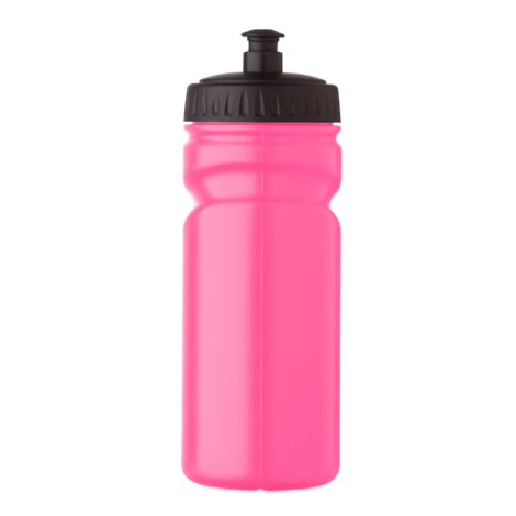 Bouteille de sport rose avec bouchon noir présentée de face sur fond clair, sans personnalisation visible.