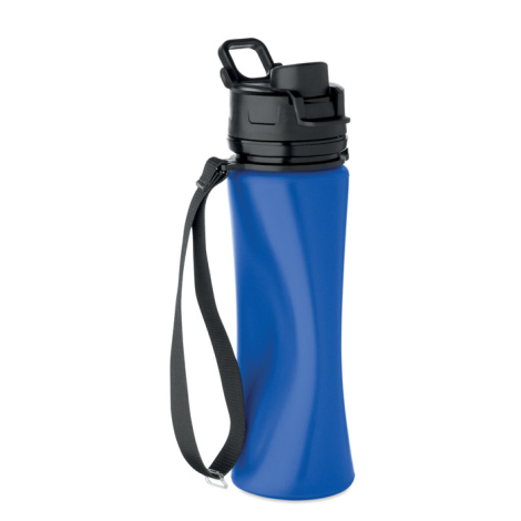 Bouteille de sport pliable bleue présentée de face sur fond clair avec bouchon noir et dragonne latérale, sans marquage apparent