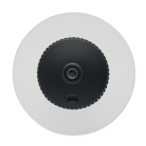 Vue de dessus du diffuseur rond avec bouton tactile central et port de charge en dessous, sans personnalisation apparente.
