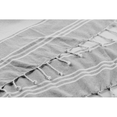 Vue rapprochée de la serviette dépliée montrant franges et bandes tissées, sans personnalisation visible.