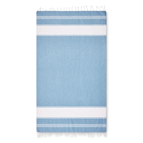 Serviette type hammam dépliée à plat avec bandes horizontales et franges aux extrémités, sans marquage visible.
