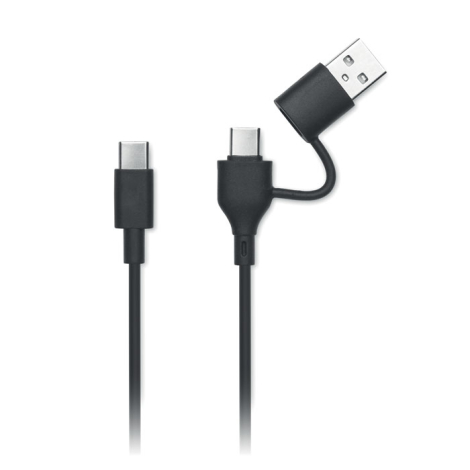 Câble de charge noir avec connecteur USB d’un côté et double connecteur de l’autre, sans marquage visible.