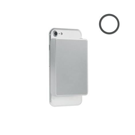 Powerbank fixé au dos d’un smartphone en vue arrière avec anneau magnétique à côté, sans marquage apparent sur cette face.