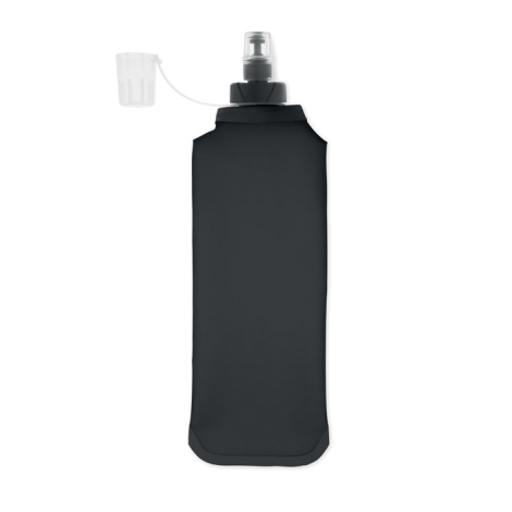 Bouteille pliable noire vue de face avec capuchon transparent attaché, sans personnalisation visible.