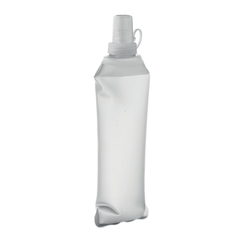 Bouteille pliable blanche vue de face avec valve et capuchon attaché, sans marquage apparent.