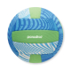 Ballon de plage en néoprène avec panneaux bleus à motif ondulé et bandes vertes, marquage visible sur une bande verte centrale. Ballon de plage en néoprène avec panneaux bleus à motif ondulé et bandes vertes, marquage visible sur une bande verte centrale.