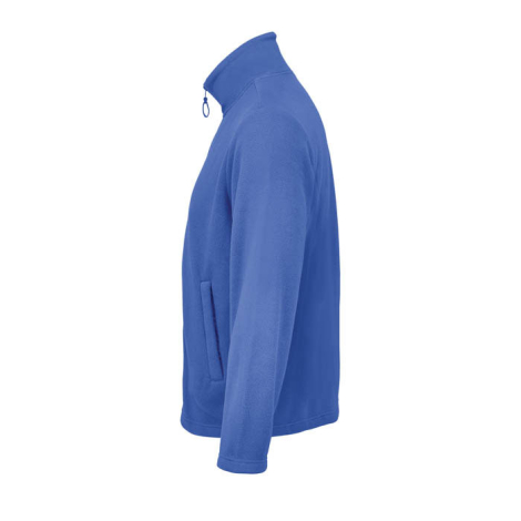 Veste micropolaire unisexe bleue présentée de profil, aucun marquage apparent.