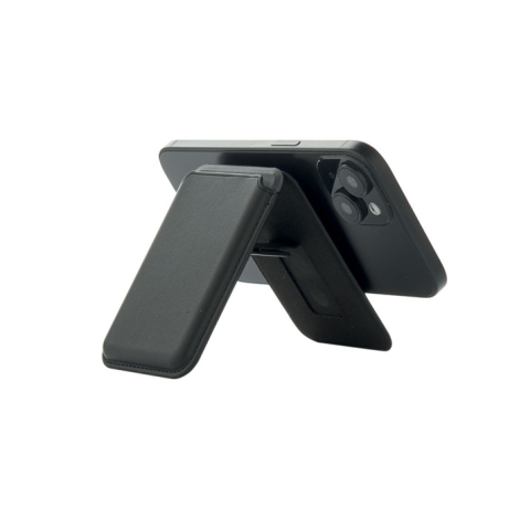 Porte-cartes déployé en position support maintenant un smartphone incliné, sans marquage visible.