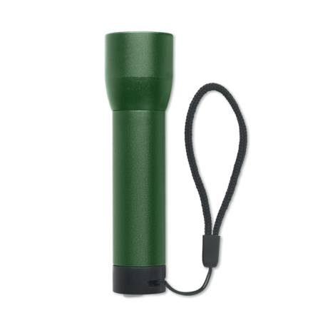 Lampe torche verte présentée verticalement avec dragonne visible, sans marquage visible.