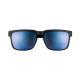 Vue de face des lunettes avec verres miroirs bleutés et monture noire mate, sans personnalisation visible. Vue de face des lunettes avec verres miroirs bleutés et monture noire mate, sans personnalisation visible.
