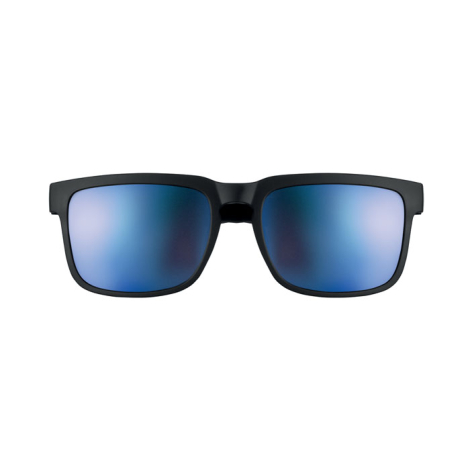 Vue de face des lunettes avec verres miroirs bleutés et monture noire mate, sans personnalisation visible.