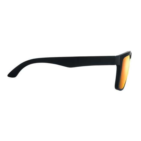 Vue latérale d’une branche noire mate avec verre miroir orangé, sans personnalisation visible.