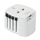 Adaptateur de voyage universel blanc en perspective avec curseurs latéraux et ports USB visibles, sans marquage apparent. Adaptateur de voyage universel blanc en perspective avec curseurs latéraux et ports USB visibles, sans marquage apparent.