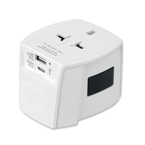 Adaptateur en perspective montrant face supérieure avec prises universelles et face latérale avec ports USB, sans marquage visib