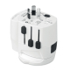 Adaptateur avec fiches déployées sur le dessus, sans marquage visible. Adaptateur avec fiches déployées sur le dessus, sans marquage visible.