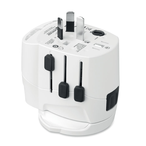 Adaptateur avec fiches déployées sur le dessus, sans marquage visible.
