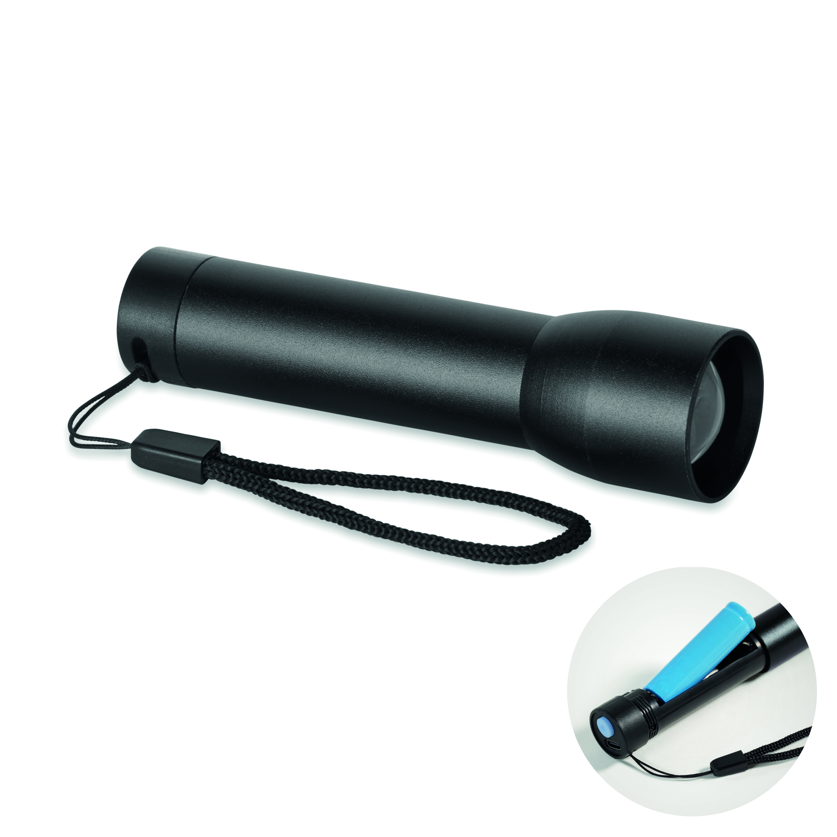 Lampe torche promotionnelle rechargeable en alu Lumezo Noir