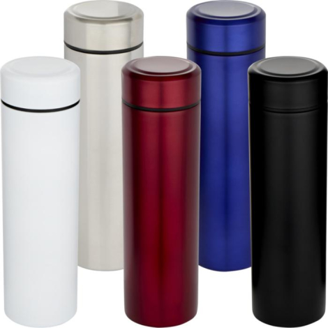 Plusieurs gourdes présentées debout en différents coloris (blanc, argenté, rouge, bleu, noir), sans marquage visible.