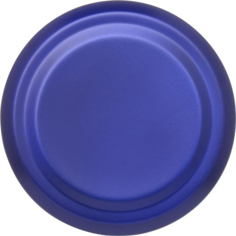 Vue du dessus d’une gourde bleue montrant le bouchon à vis circulaire, sans marquage visible.