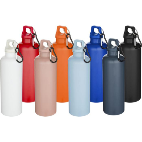 Six bouteilles d’eau de couleurs unies (rouge, beige, orange, bleu clair, bleu foncé, gris foncé) avec bouchon à vis et mousquet