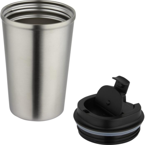 Gobelet en acier inoxydable sans couvercle avec couvercle posé à côté, intérieur visible et sans marquage apparent.