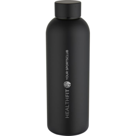 Bouteille noire en acier inoxydable en gros plan sur la partie centrale, personnalisation visible apposée verticalement sur la f