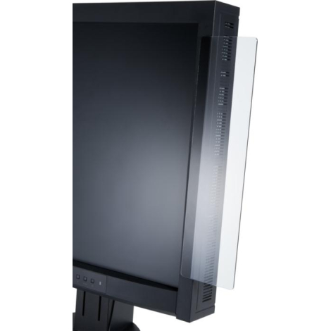 Vue rapprochée d’un panneau latéral transparent fixé à l’écran, surface lisse sans personnalisation apparente.