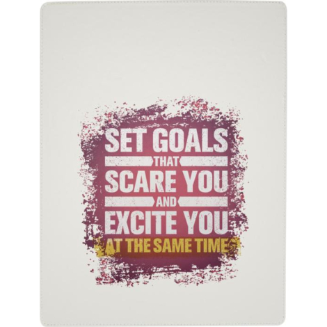 Gros plan sur la face extérieure blanche du porte-bloc avec personnalisation visible imprimée au centre du rabat.