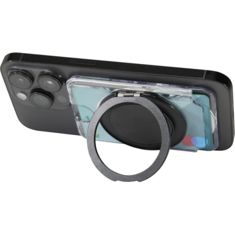 Porte-cartes fixé au dos d’un smartphone avec anneau métallique déployé, sans personnalisation visible.