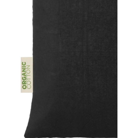 Gros plan sur la matière d’un sac noir avec étiquette latérale « Organic Cotton », sans marquage visible.