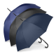 Trois parapluies ouverts bleu et noir présentés en éventail sur fond blanc, poignées courbées visibles, aucune personnalisation 