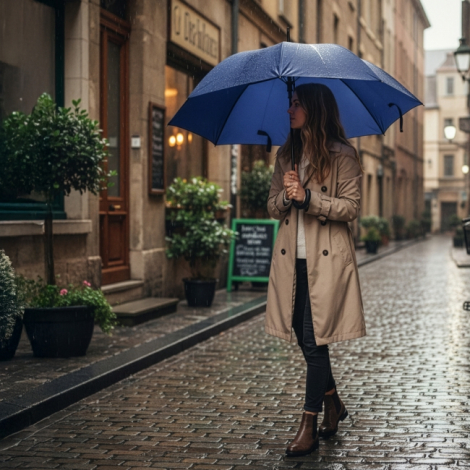 Parapluie bleu ouvert tenu par une femme marchant dans une rue pavée sous la pluie, produit sans personnalisation apparente.