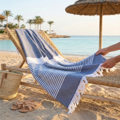 Fouta bleue à rayures disposée sur un transat en bois sur une plage, franges visibles aux extrémités, aucune personnalisation ap