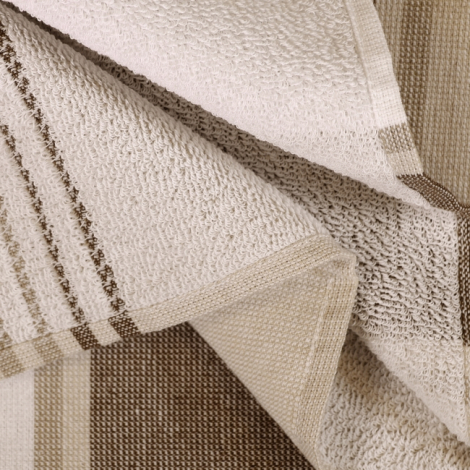 Vue détaillée de l’envers d’une fouta beige mettant en évidence la texture bouclette et bandes décoratives, produit sans marquag