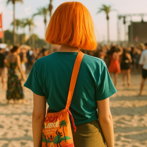 Sac porté en bandoulière par une femme vue de dos en extérieur, personnalisation apparente sur la partie visible du sac.