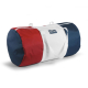 Sac polochon cylindrique présenté sur fond blanc avec extrémités bleue et rouge et partie centrale blanche, personnalisation vis