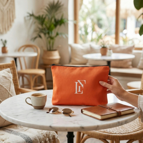 Trousse rectangulaire orange avec fermeture zippée noire posée sur une table ronde en intérieur, marquage visible au centre de l