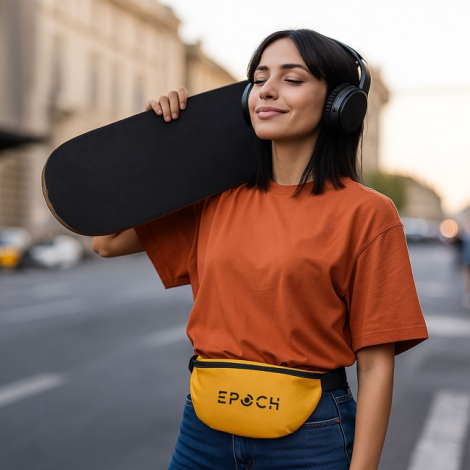 Sac banane jaune porté à la taille par une femme en extérieur avec sangle noire et fermeture zippée sur le dessus, marquage visi