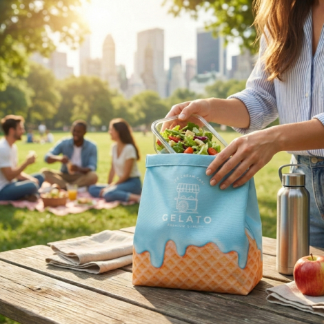 Lunchbag isotherme posé sur une table en extérieur avec une personne plaçant un contenant alimentaire à l’intérieur, personnalis
