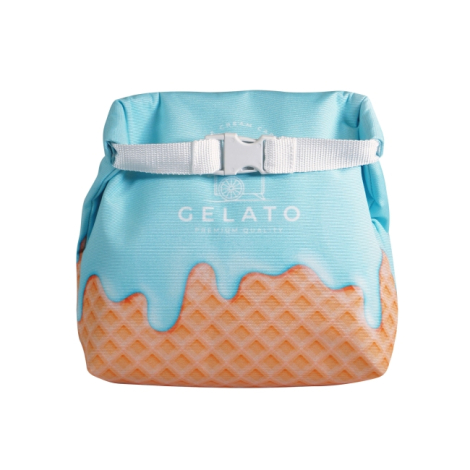 Lunchbag isotherme vu de face avec sangle blanche et boucle de fermeture sur fond blanc, personnalisation apparente positionnée 