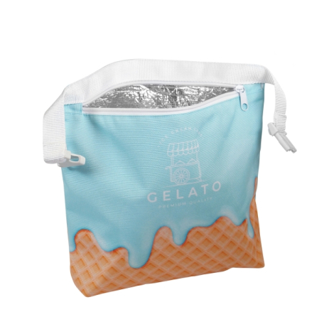 Lunchbag isotherme présenté ouvert sur fond blanc laissant apparaître l’intérieur argenté et la fermeture zippée, marquage visib