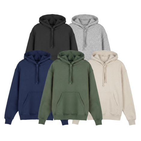 Ensemble de cinq sweats à capuche noir, gris clair, bleu marine, vert et beige présentés à plat sur fond blanc avec poche kangou