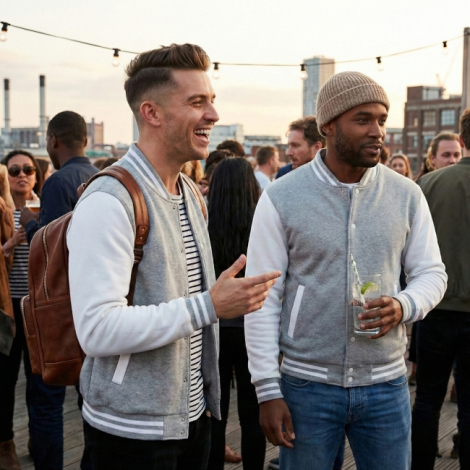 Deux modèles portant des vestes teddy gris chiné avec manches blanches lors d’un événement en extérieur, sans personnalisation v