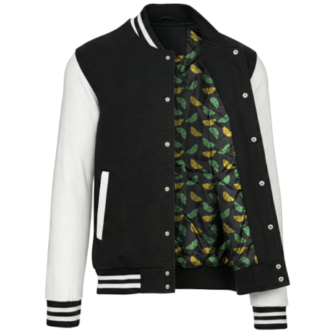 Veste teddy noir et blanc ouverte laissant apparaître la doublure intérieure à motif, aucun marquage visible sur l’extérieur.