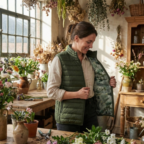 Bodywarmer vert porté par un modèle dans un atelier floral, doublure intérieure à motif végétal visible, marquage apparent sur l